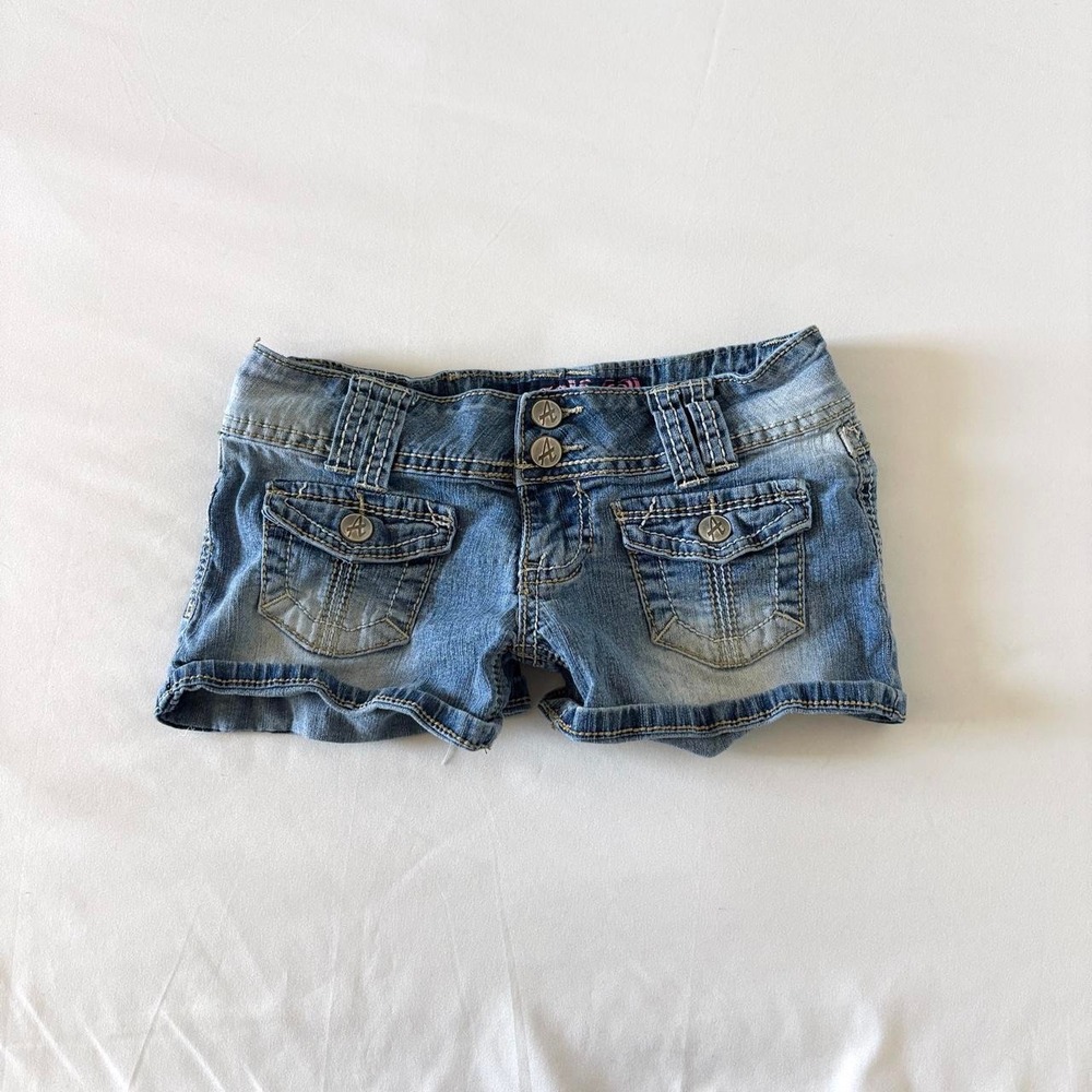 Angels Low Rise Double Button Flap Pocket Mini Shorts Womens Size 1 Blue Denim